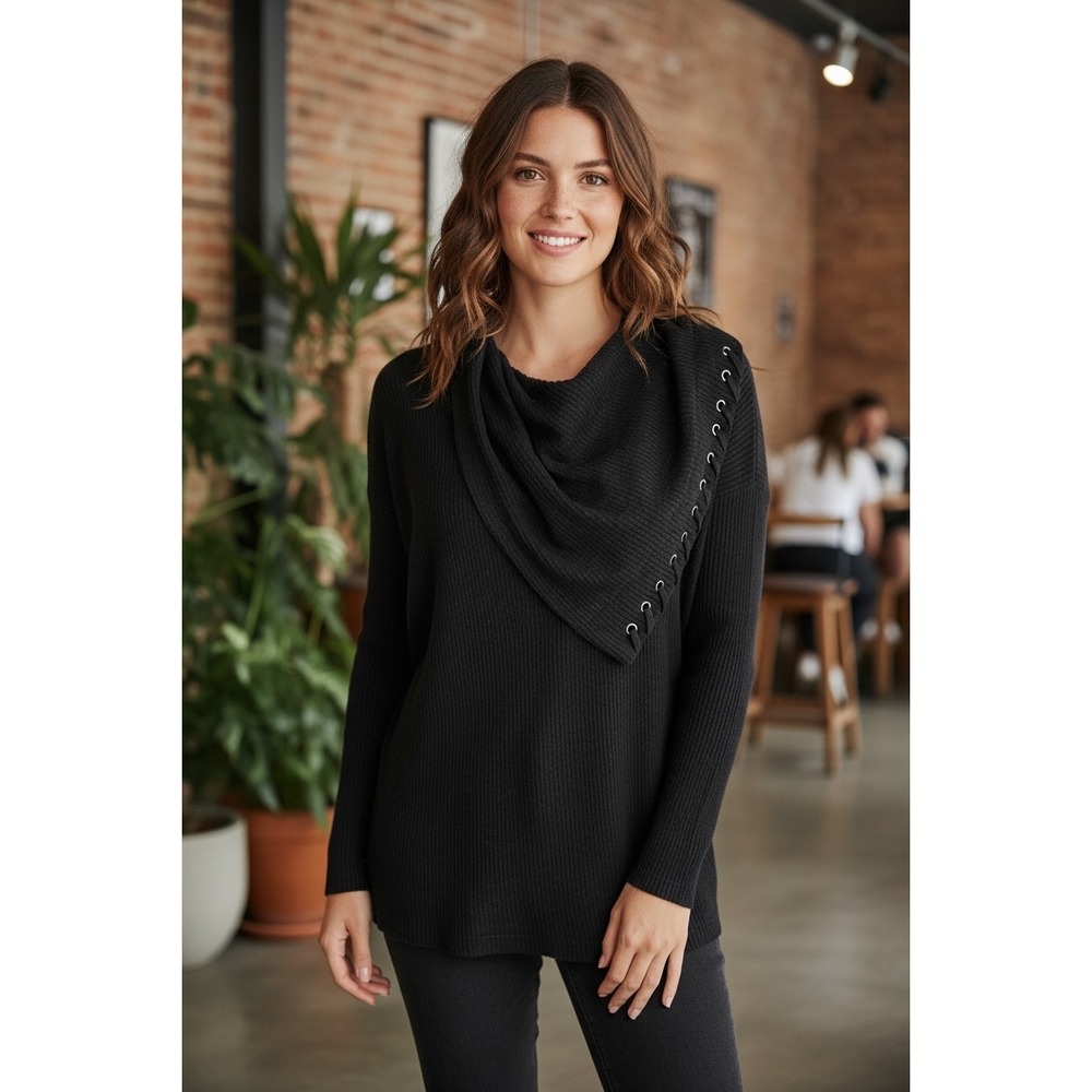 Democracy XS Black Knit Sweater Cowl Neck Lace Up Long Sleeve Pullover Top